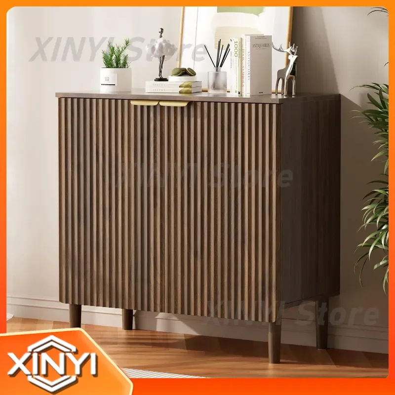 Modern Light Luxury Walnut Dining Side Cabinet with Vertical Texture and Metal Handle for Small Apartment Retro Storage