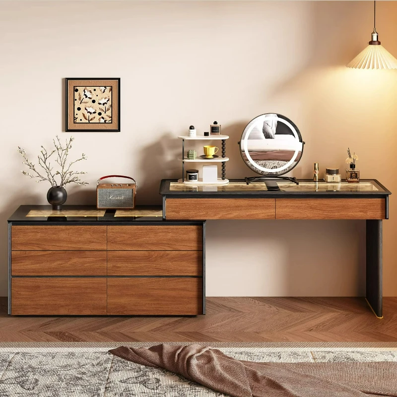 

LTT Pre-Style Vanity Dresser Chest of Drawers Integrated Solid Wood French Vintage Bedroom Retractable Storage Cabinet