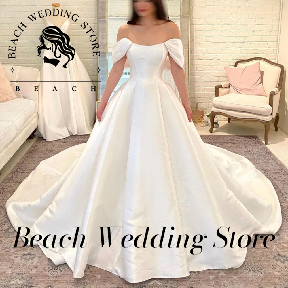 Praia personalizado vestido de baile vestido de casamento cetim querida até o chão trem real para as mulheres boné manga vestidos de novia branco