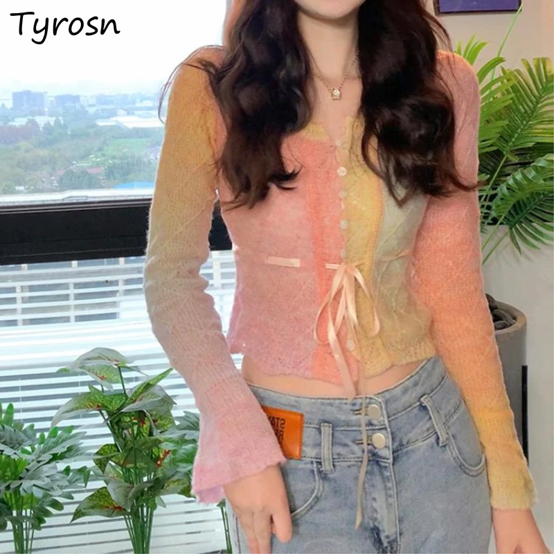 Short Cardigan Women Rainbow Candy Color Slim Lack-up Flare Sleeve Korean Fashion Spring Hot-sweet Girls Sweaters Sexy Knitted