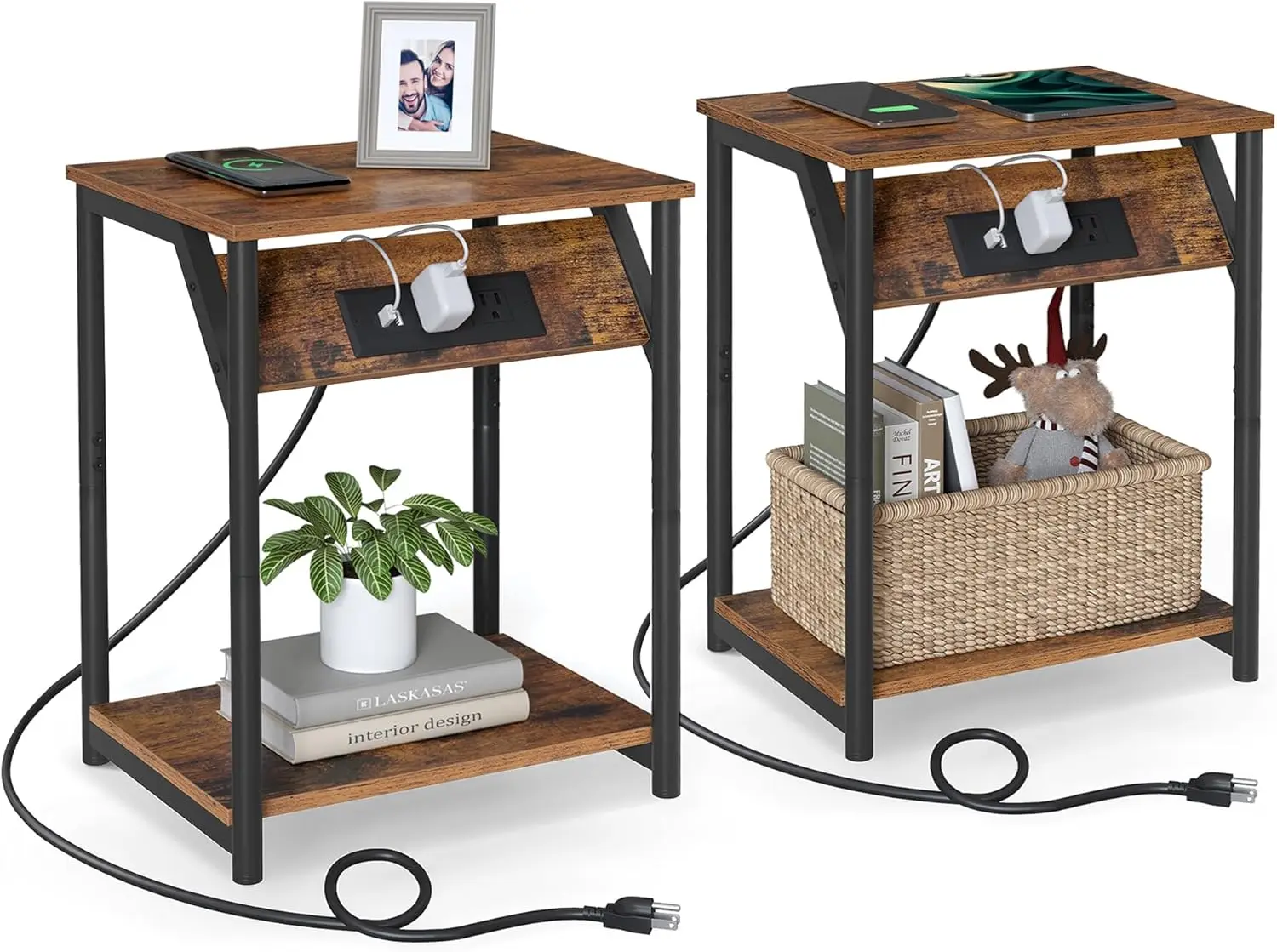 Set of 2 Small Side Tables with Charging Station, USB Ports, Storage Shelf for Living Room Bedroom, Rustic Brown Black