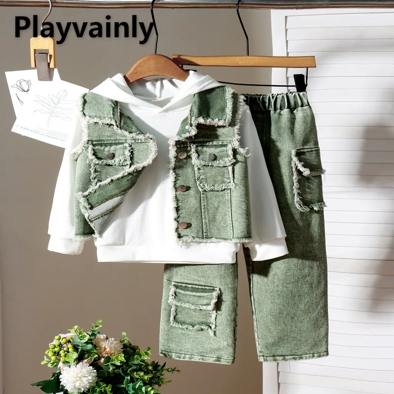 

Новый осенне-зимний модный комплект из 3 предметов для девочек, белая толстовка с длинными рукавами + зеленый темно-серый джинсовый жилет в стиле ретро + повседневные брюки X4946