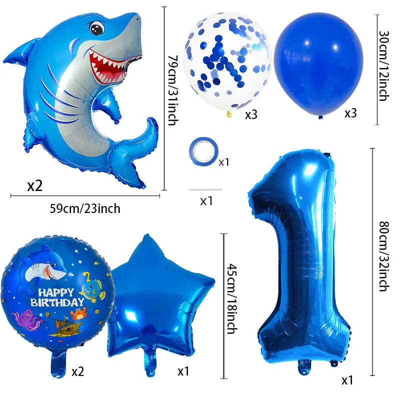 14-teiliges Hai-Themen-Zahlenballon-Set für Jungen-Geburtstagsfeiern, Ozean-Tier-Dekorationsbälle, Familienfoto-Hintergrund-Deko – Detail 1