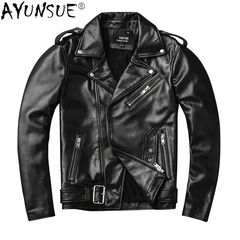 

AYUNSUE Mens Genuine Leather Jacket Motorcycle Real Sheepskin Coat Men 5XL Autumn Biker Short Chaquetas Hombre KJ4116