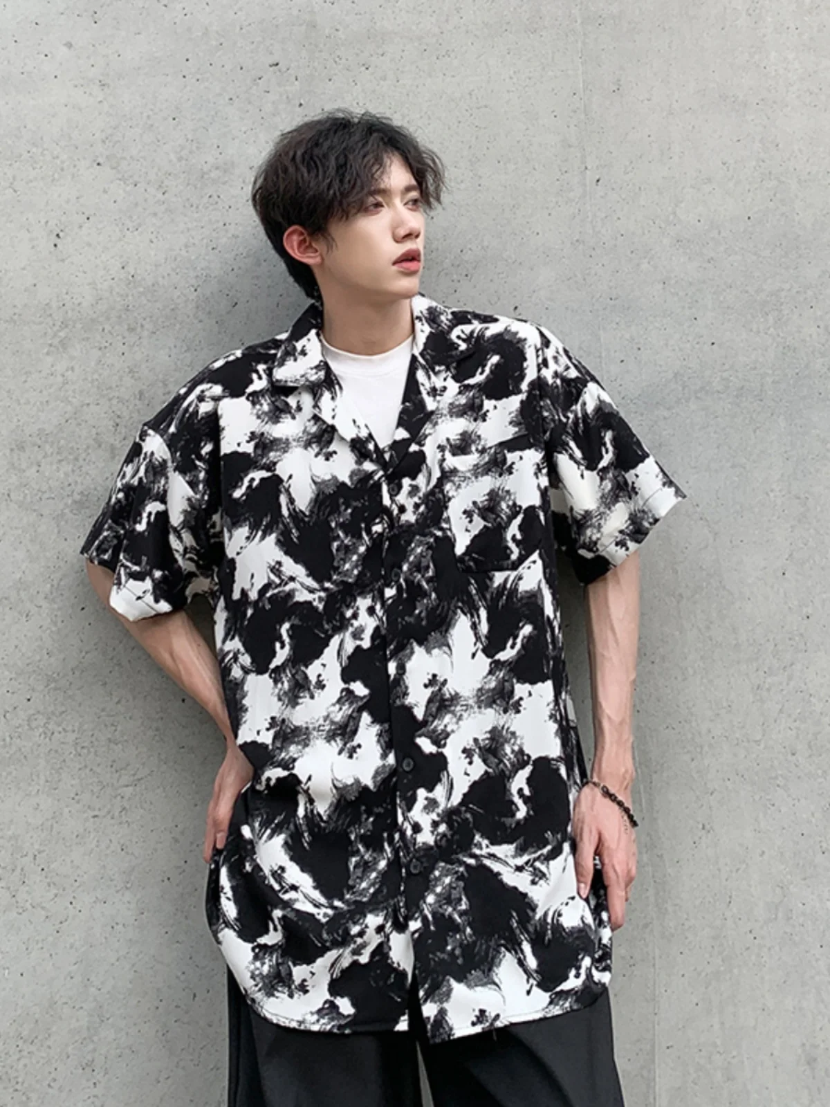 Cuban Collar Dyed Shirt Men's Short Sleeve Summer Vintage Baroque Jacket Premium Feeling Handsome Seven-Five Sleeve Shirt