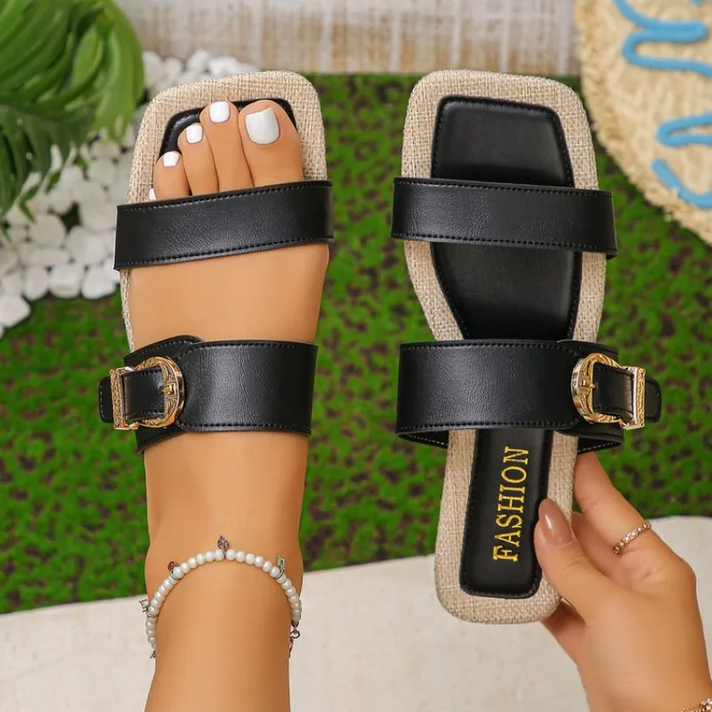 Women's Square Open Toe One-word Buckle Strap Embellishment Slippers New Summer Women Vintage Fashionable Lightweight Sandals