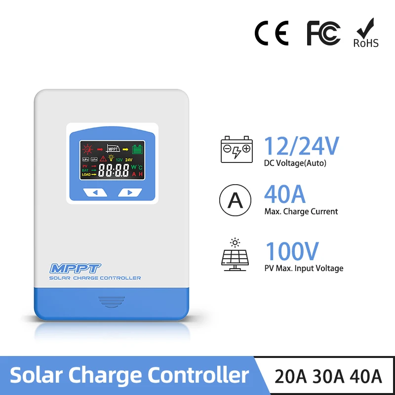 40A 30A 20A Mppt Solar Charge Controller PV Input 100VDC 60VDC Solar Regulator 12V 24V Auto LCD Display LiFePo4 GEL