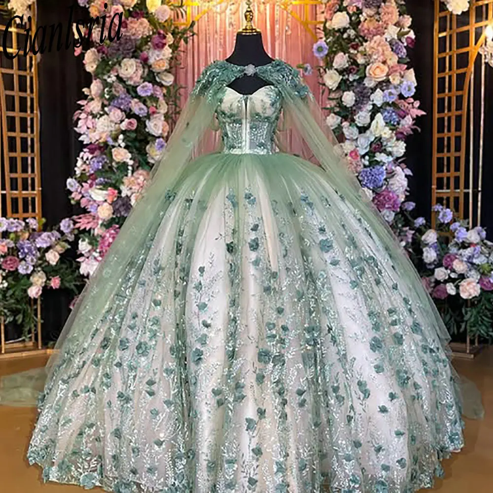 Mint Green 3D Flowers Ball Gown Quinceanera Dresses With Cape Glitter Crystal Sequined Sweet 15 Años Mexican Customized