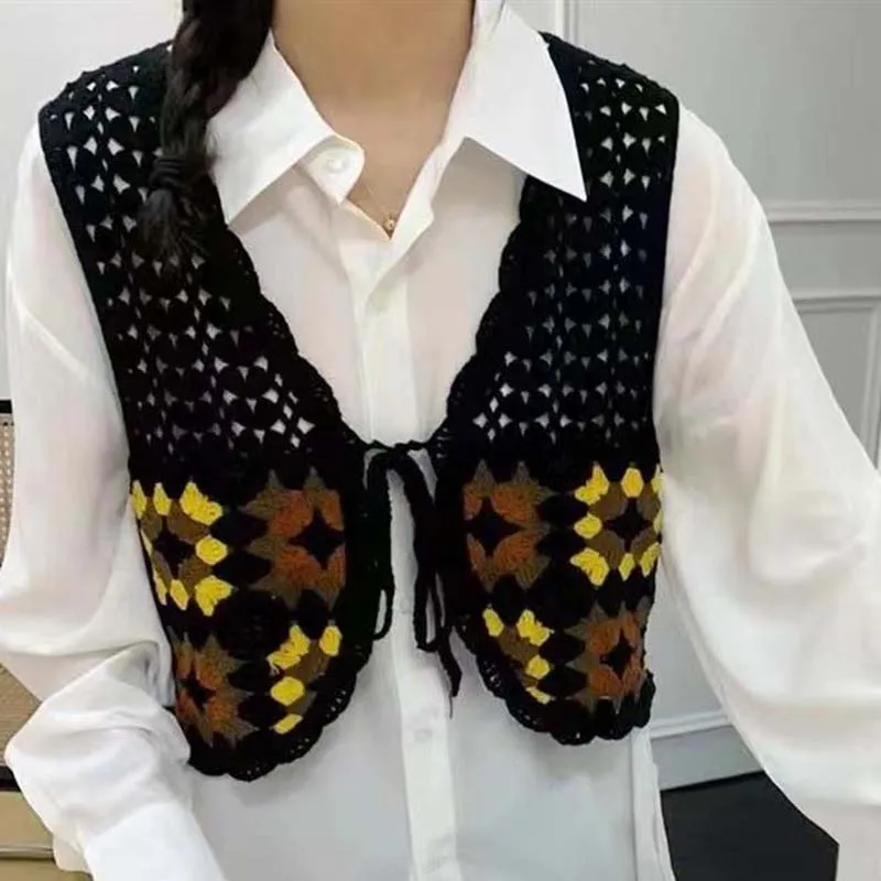 Boring Honey Hollow Out Strickweste Damen Vintage Oma Quadrat Häkel-Unterhemd Top Slim Fit ärmelloses Layering-Shirt