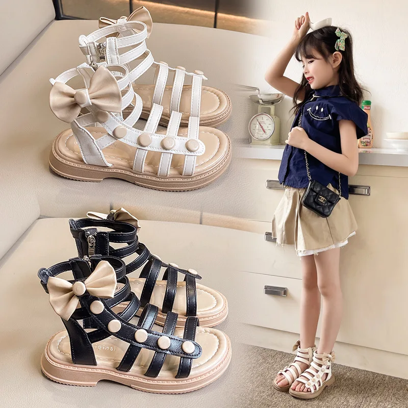 

New 2025 Children's Sandals for Girls Shoes for Kids Gladiator Summer Soft Flat Heels Beach Princess Fashion Bow Tie Shoes 26-37