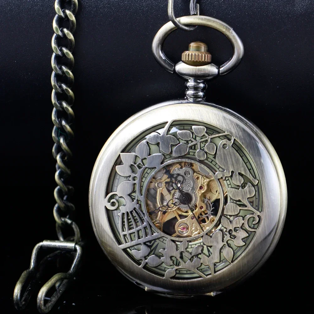 Mechanical Pocket Watch Men Roman Numerals Display Steampunk Bronze Vintage Thick Chain Pendant Timepiece PJX1654