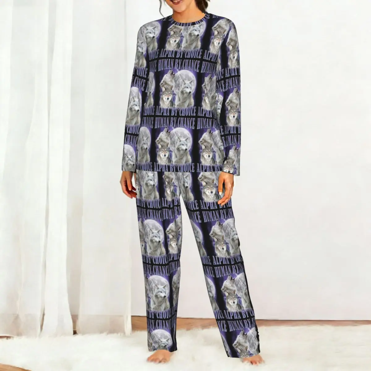 Human By Chance Alpha By Choice Wolf Meme Round Neck Long Sleeve Nightgowns for Sleeping Sleepshirts Women Soft Pajama Long Pant