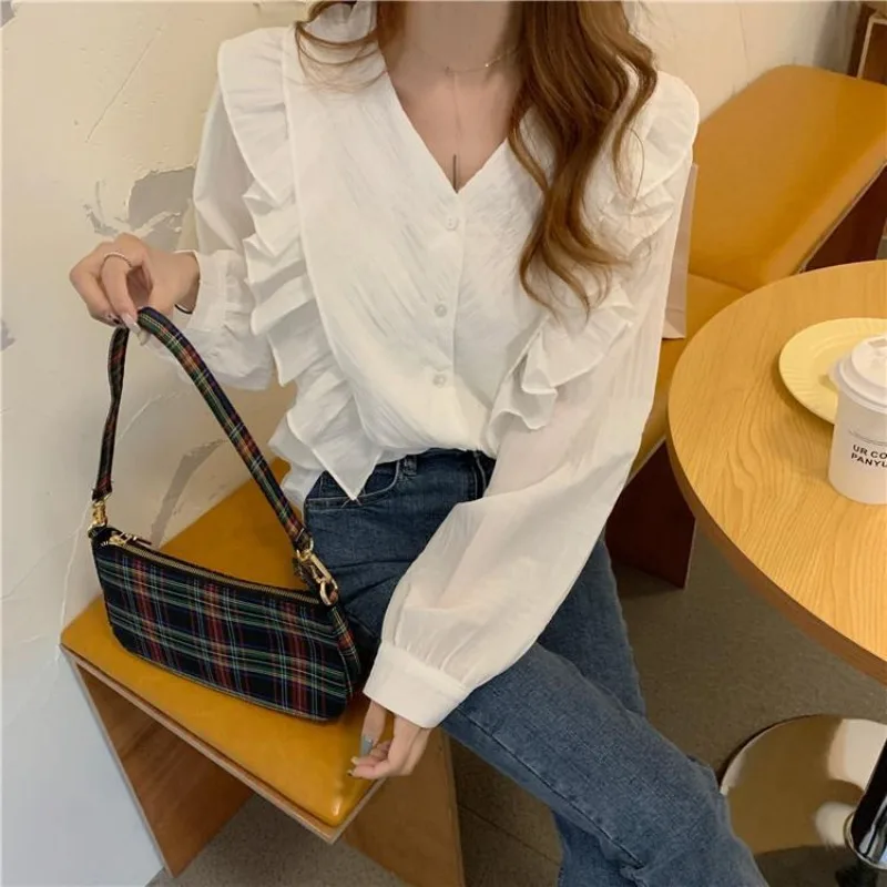 Women\'s Spring and Autumn New Fashion Elegant Solid V-Neck Button Long Sleeve Commuter Slim Fit Ruffle Fold Single Breasted Tops