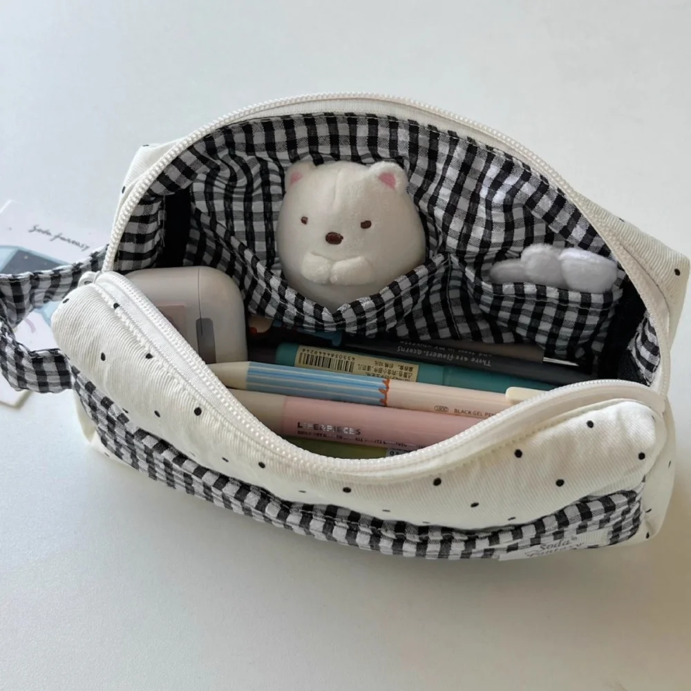 Ins Dot Plaid Star Pencil Case Canvas Pencil Pouch Multifunctional Stationery Storage Bag Students School Organizer Supplies