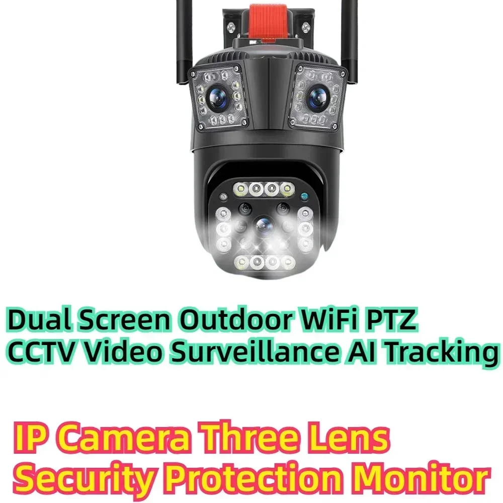 Cámara IP de tres lentes, Monitor de protección de seguridad, pantalla Dual, WiFi exterior, PTZ, vídeo CCTV, vigilancia, seguimiento IA