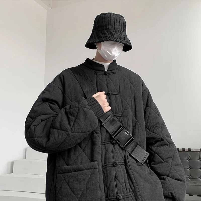 

New Chinese Style Thickened Cotton Jacket for Men with Button Collarless Winter Outerwear Cleanfit Casual Loose Teenager