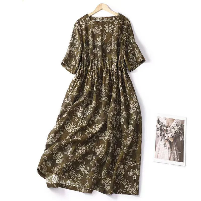 

Chic Floral Print Women Midi Dresses 2025 New Summer Short Sleeve Drawstring Party Dress Cotton Linen Holiday Beach Sundress