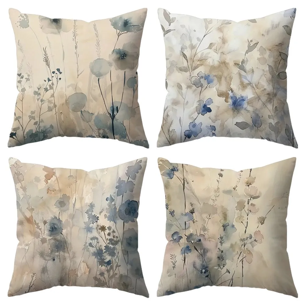 4 Fundas  Almohada con Diseño Floral  Pintura al Índigo | Estilo Minimalista Morno, Diseño Floral en Tonos Azules, Poliést