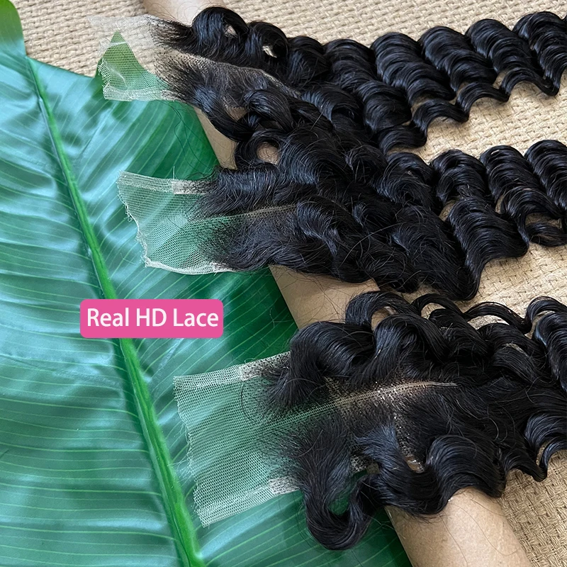 Onda profunda 2x6 hd fechamento de renda apenas cabelo virgem real hd fechamento de renda derreter pele pré arrancado cabelo humano para mulher parte média