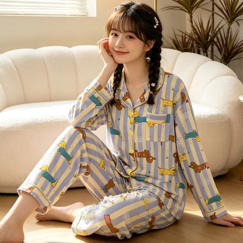 Herbst- und Winter-Cartoon-Pyjama mit Dackelmuster für Damen, Langarm-Schlafanzug, Homewear-Set, Langarm-Nachtwäsche