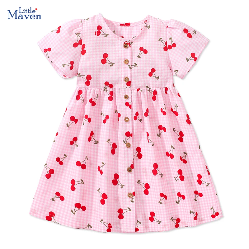 Little maven Children\'s Clothing 2024 Baby Girls Pink Dresses Cartoon Cherry Summer Holiday Dresses Kids Clothes Party Dress