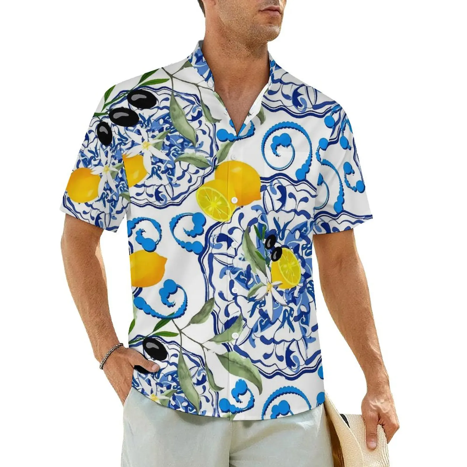 

Retro Blue Flower Hawaiian Shirt For Man Beach Lemon Fruit Casual Shirts Short Sleeve Stylish Pattern Vintage Oversized Blouses