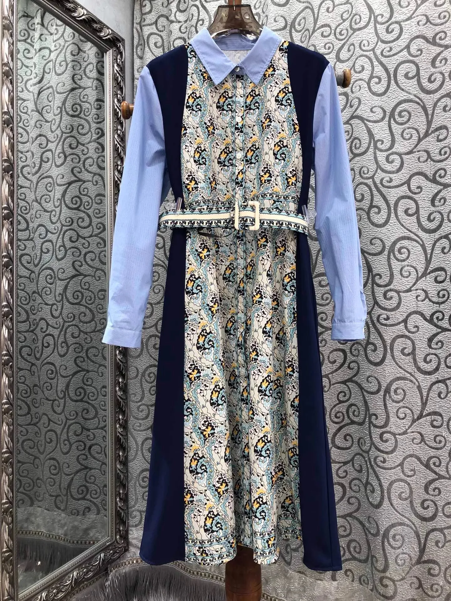 Top qualité nouvelle robe chemise longue 2025 automne femmes col rabattu Vintage imprimé fleuri Patchwork robe à manches longues avec ceinture