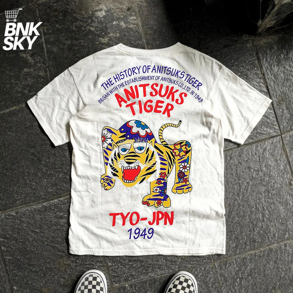 Vintage Japanese Woodblock Print Tiger Color Painted Dark Subculture Short Sleeve T-Shirt Breathable Cotton round Neck Top 2026