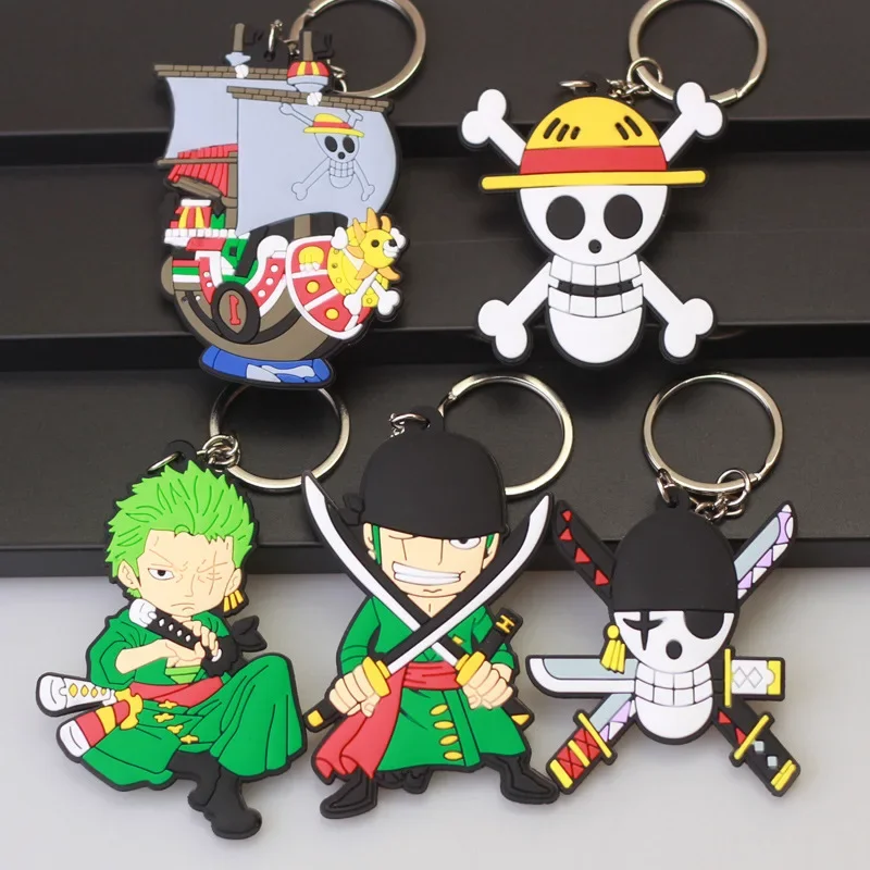 MINISO Cute Cartoon One Piece Keychain Luffy Solon Double-sided Key Ring Pendant Pirate Skeleton Bone Animation Accessoires