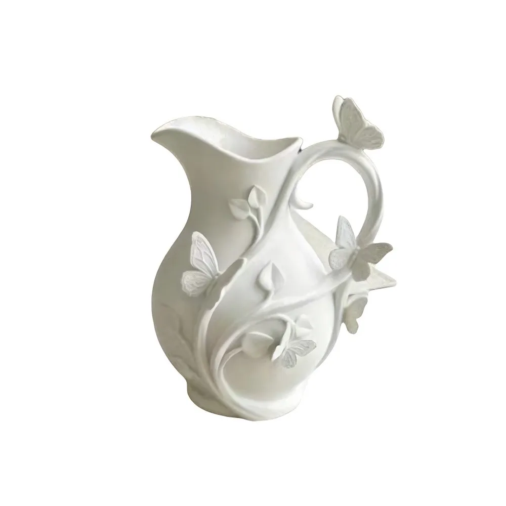 Creative 3D Butterfly Relief Vase Matte Finish with Handle 3D Embossed Vase Decorative Pitcher‑Shaped Flower Vase Living Room