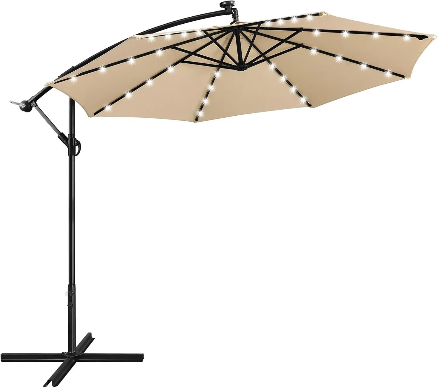 

10FT Solar Offset Umbrella w/ 32 LED Lights Cantilever Hanging Outdoor Umbrellas Handy Crank & Cross Base for Lawn/Deck/Backyard