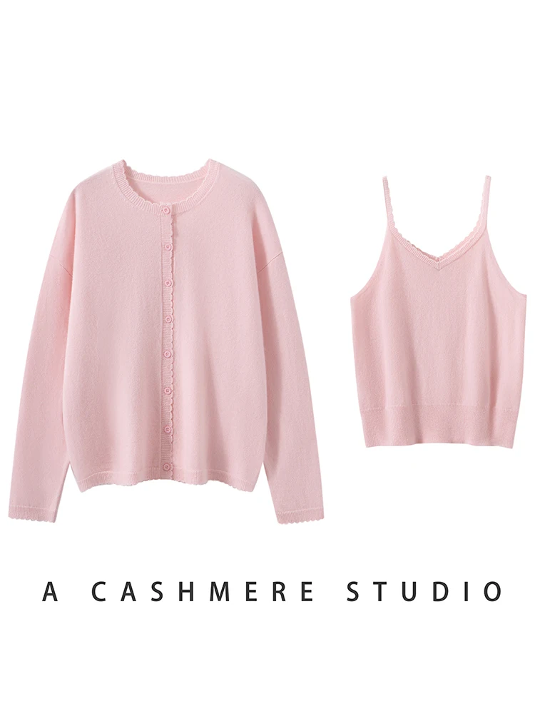 CHICUU Women's 100% Cashmere Sweater Vest Cardigan Set O-neck Long Sleeve Cardigan tank Vest Grace Simple Cashmere Knitted Suit