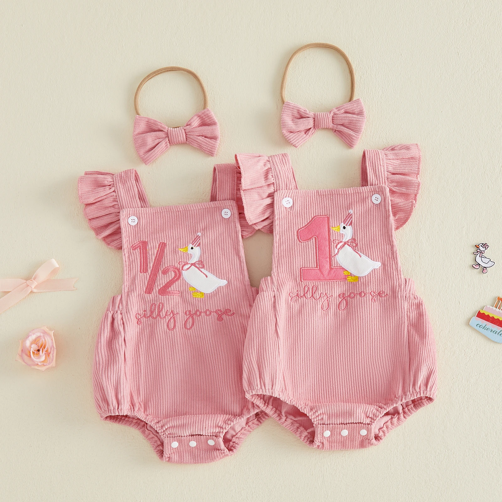 Baby Girls Birthday Outfit Goose Embroidery Fly Sleeves Romper Cute Headband Holiday Baby Corduroy Bodysuits Outfit