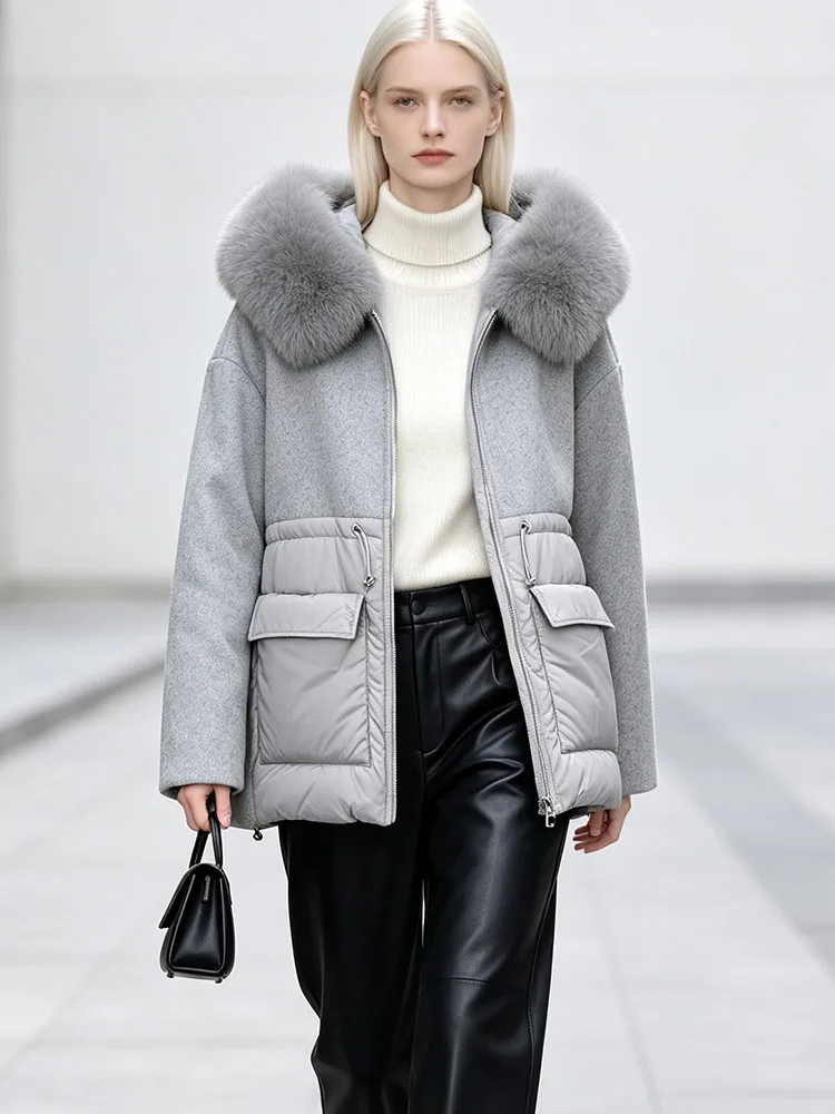 Natural Real Fox Fur Collar Hooded Loose Winter Warm Outerwear Mid Length Women Down Parka Wool Blend Spliced Puffer Coat