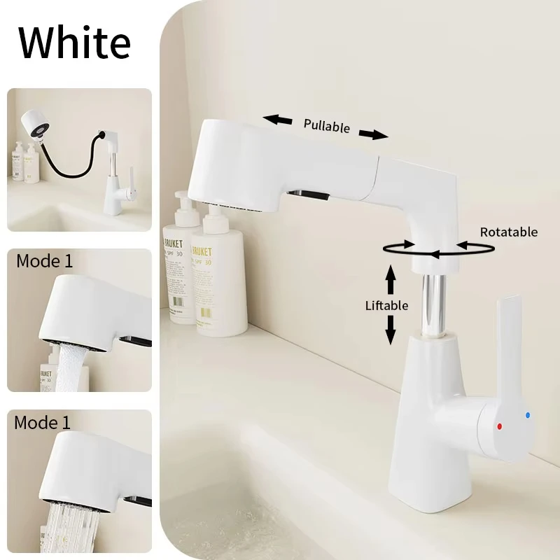 

White pull out bathroom faucet, with two modes of spray, adjustable 360 ° rotary faucet, modern adjustable sink faucet