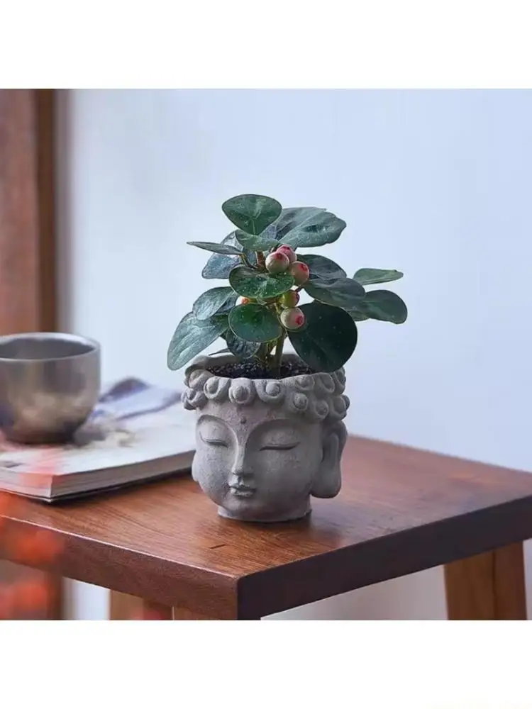 QX2E Artistic Cement Flower Pot With Buddhas Design And Drain Elegant Buddhas Head Farmer For Healthy Plant