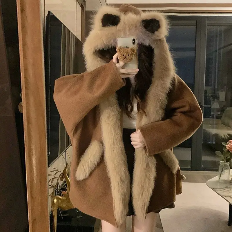 

Hooded Double-Sided Woolen Coat for Women in Winter 2025 New Loose and Cute Ear Sheep Shearing Cotton Coat for Women Commuting