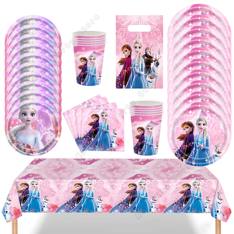 Frozen Elsa Anna Olaf Birthday Party Decorations Supplies Kit for Girls Including Disposable Tableware Paper Cups Plates view 3