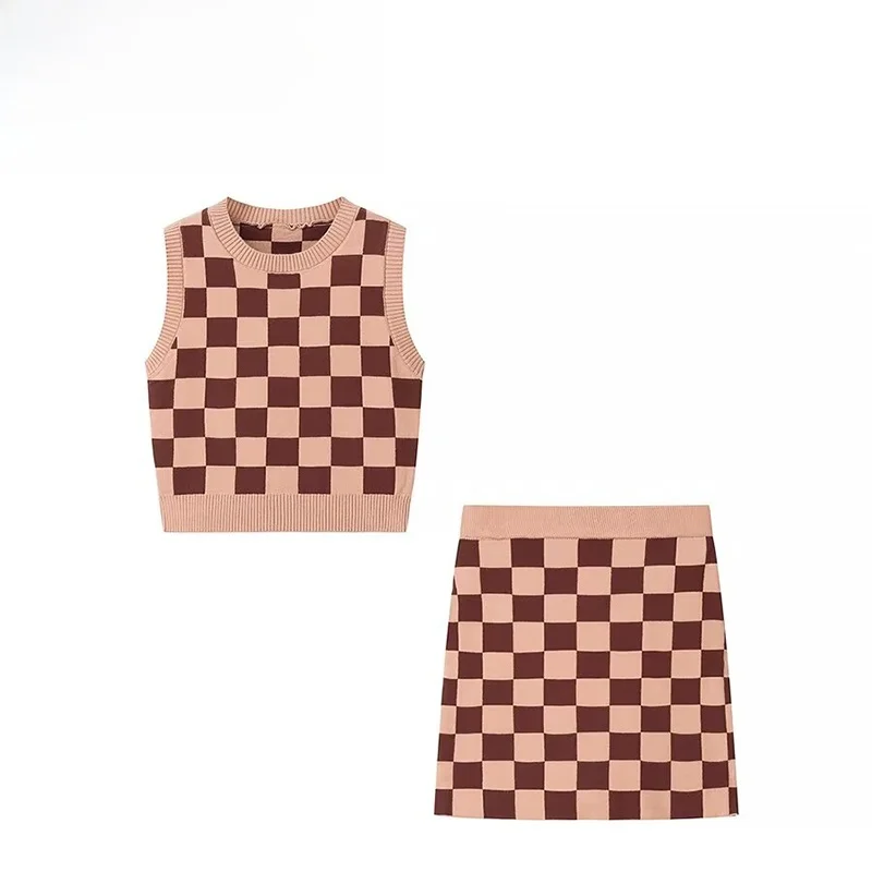 

ZBZA Autumn New Plaid Faion Top And ort Skirt Two-Piece Set Women's Clothing Versatile Sli Polyester Fiber