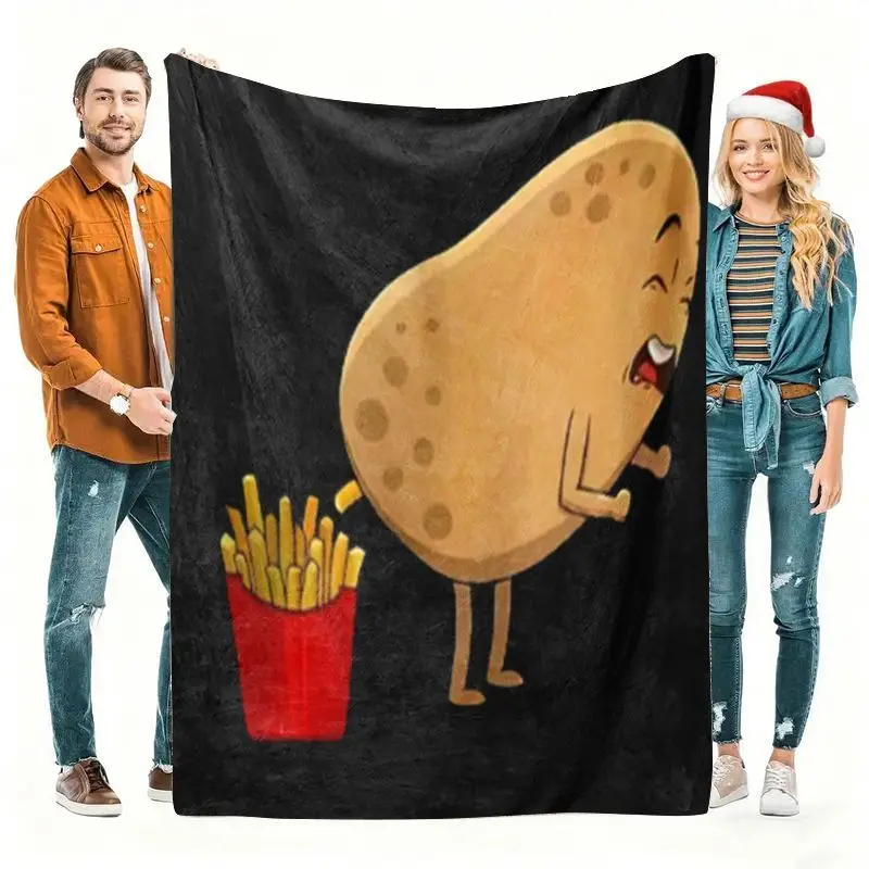 Cartoon Potato With French Fries Pattern Flannel Blanket Soft Warm, Lightweight All-Season Fleece Throw Home, Bed, Camping - Fun
