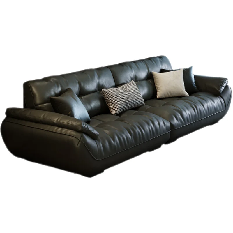 

Minimalist leather, sofa first layer, cowhide, small apartment, black retro cloud straight row sofa