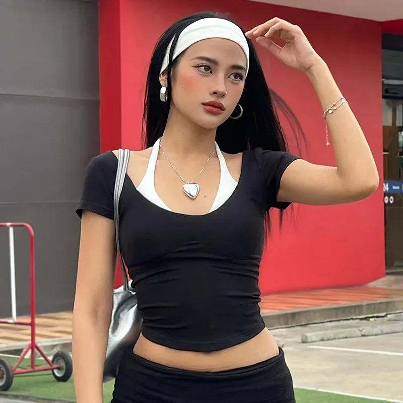 

American Style Sweet And Spicy Style Color Blocking Fake Two-piece Neck Tie Rope Slimming Short Sleeved T-shirt Top For Women