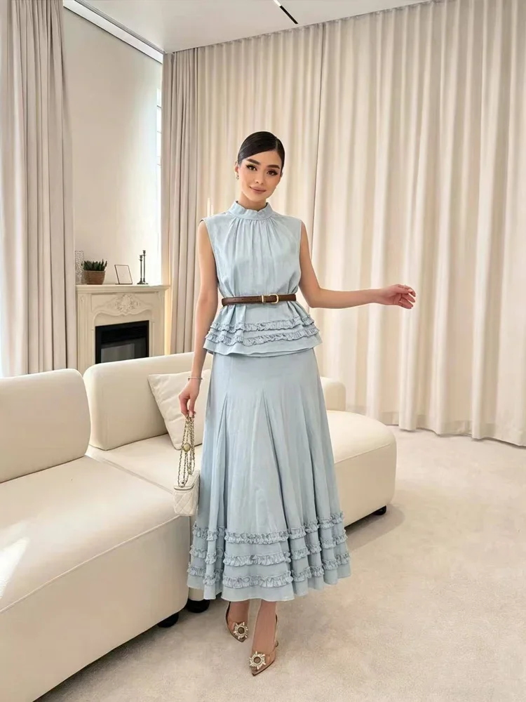 

Elegant Blue Pink Two Piece Set Stand Collar Sleeveless Off Shoulder Vest & High Waist Ladies A-Line Long Skirt Office Suit