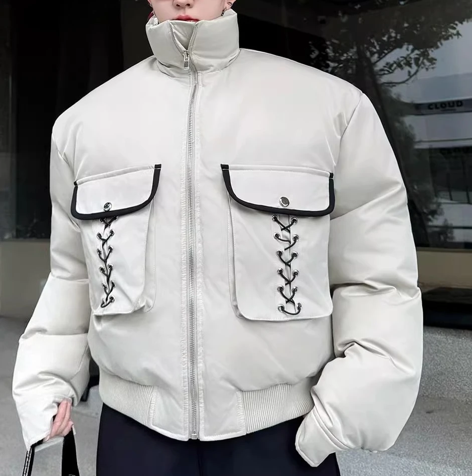 Men's 2025 Winter New Contrast Color Splicing Lace-up Tops Stand Collar Thickened Parkas High-end Large Pocket Decoration Coats