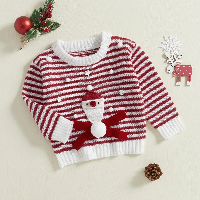 Baby Girl Christmas Sweater Casual Cute Striped Print Santa Claus Warm Knitted Pullover Infant Knitwear for Toddler