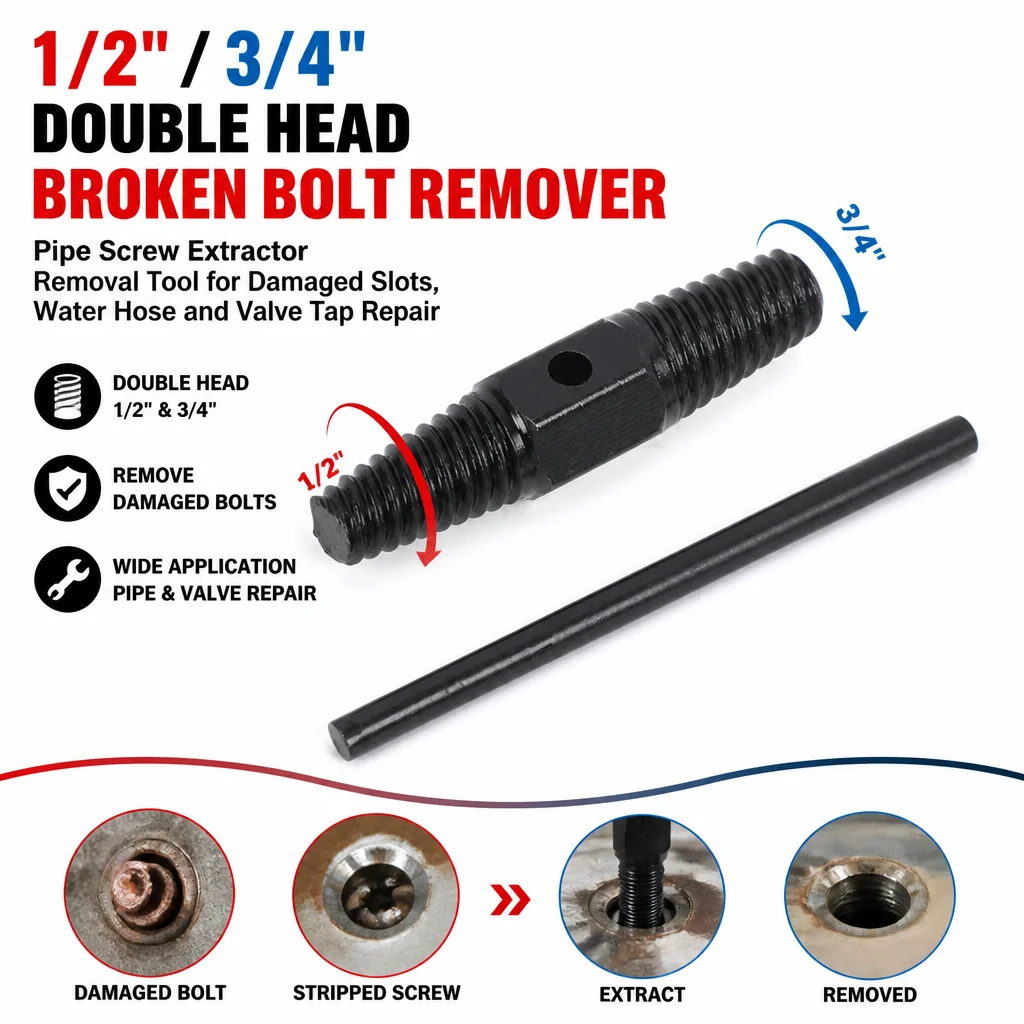 1/2 Inch 3/4 Inch Double Head Broken Bolt Remover, Pipe Screw Extractor, Removal Tool for Damaged Slots, Water Hose