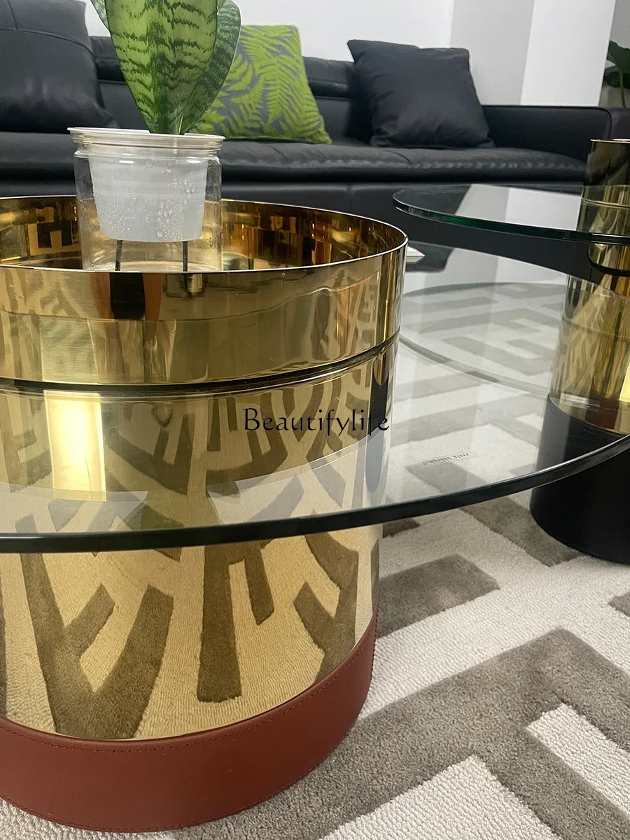 ZJFG10이탈리아 빛 럭셔리 강화 유리 라운드 티 테이블 스테인레스 스틸 가죽 티 테이블