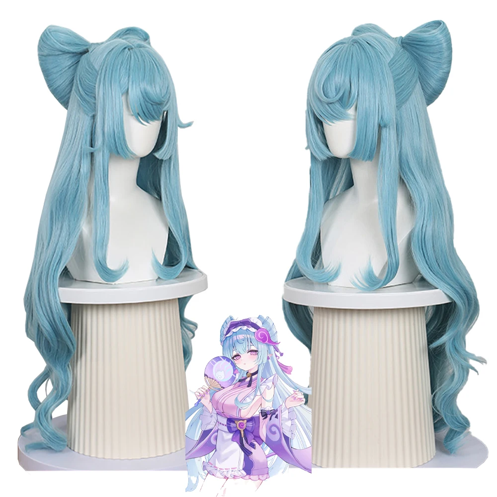 Anime Yumemizuki Mizuki Cosplay Wig Light Blue Long Wavy Detachable Bow Simulated Scalp For Halloween Costume Party Daily Use