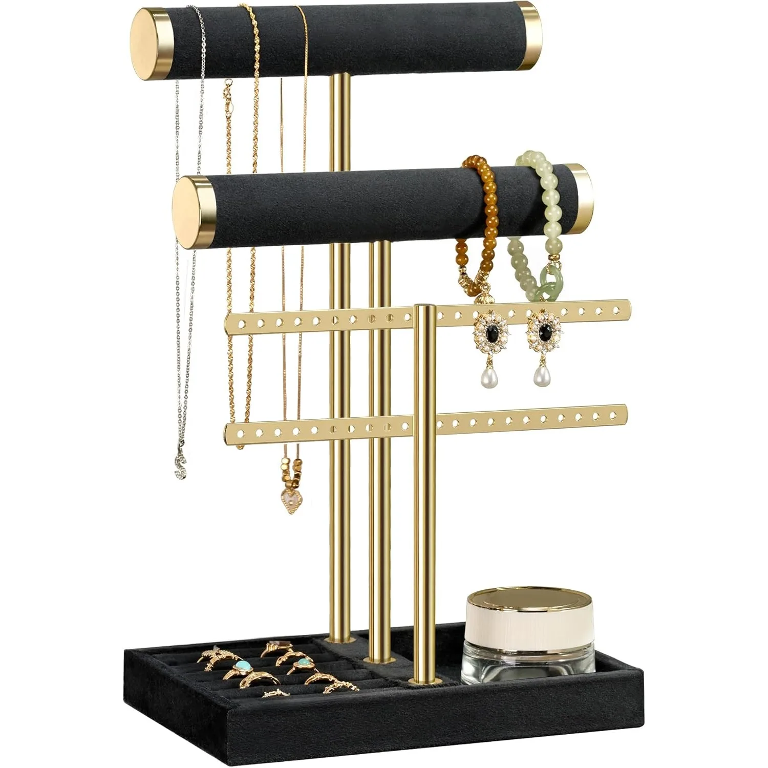 

3 Tier Bracelet Holder Display T Bar Black Velvet Jewelry Holder Organizer Stand Necklace Earrings Rings Watch Chain Showcase