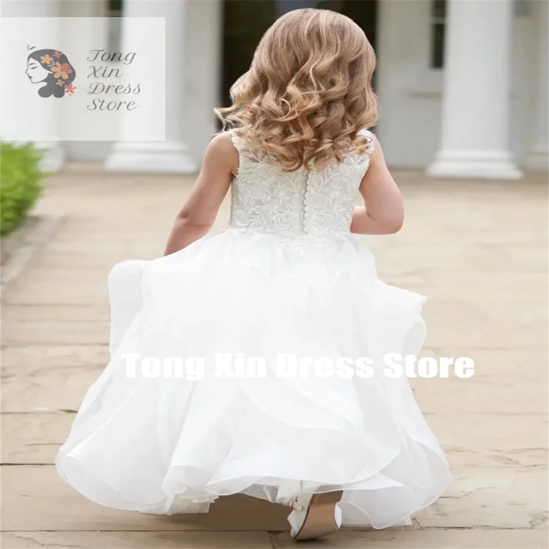 Sukienki dla dziewczynek sypiących kwiatki z białego tiulu, warstwowe, z aplikacjami, bez rękawów, na wesele, urodziny, pierwszą komunię.